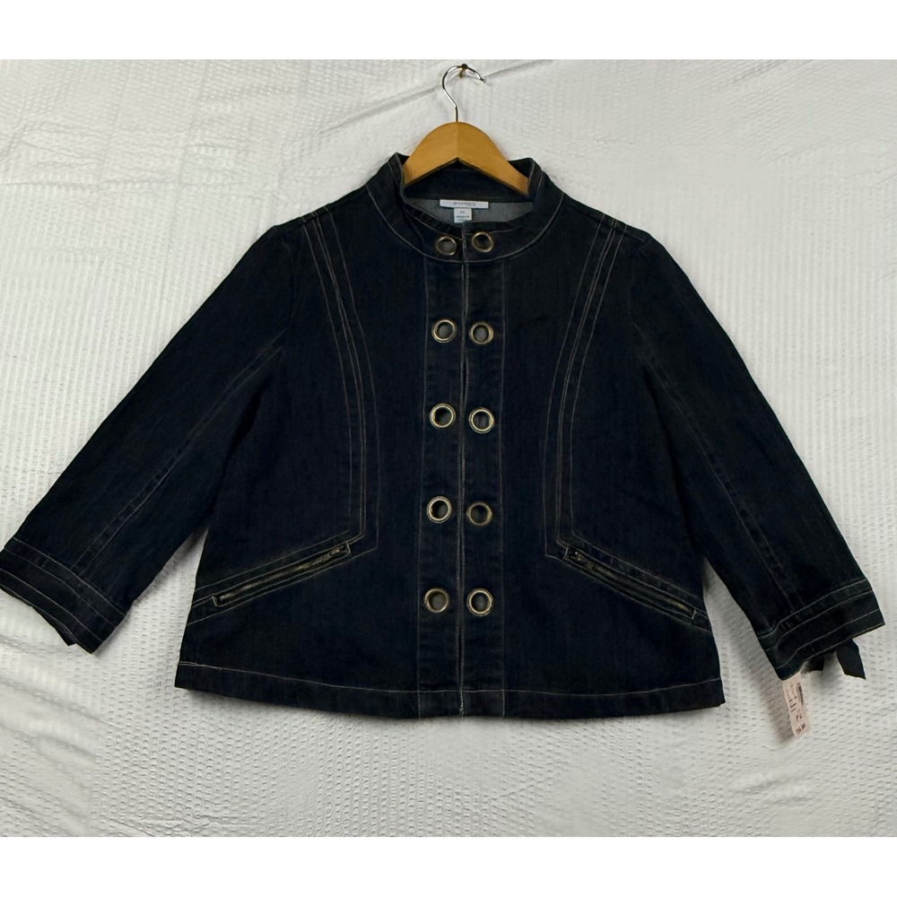 Dressbarn Petite Dark Wash Denim Jacket Grommet Accents Ribbon Tie Cuffs PL